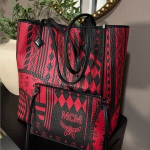 MCM Red and Black Geometric Tote Bag